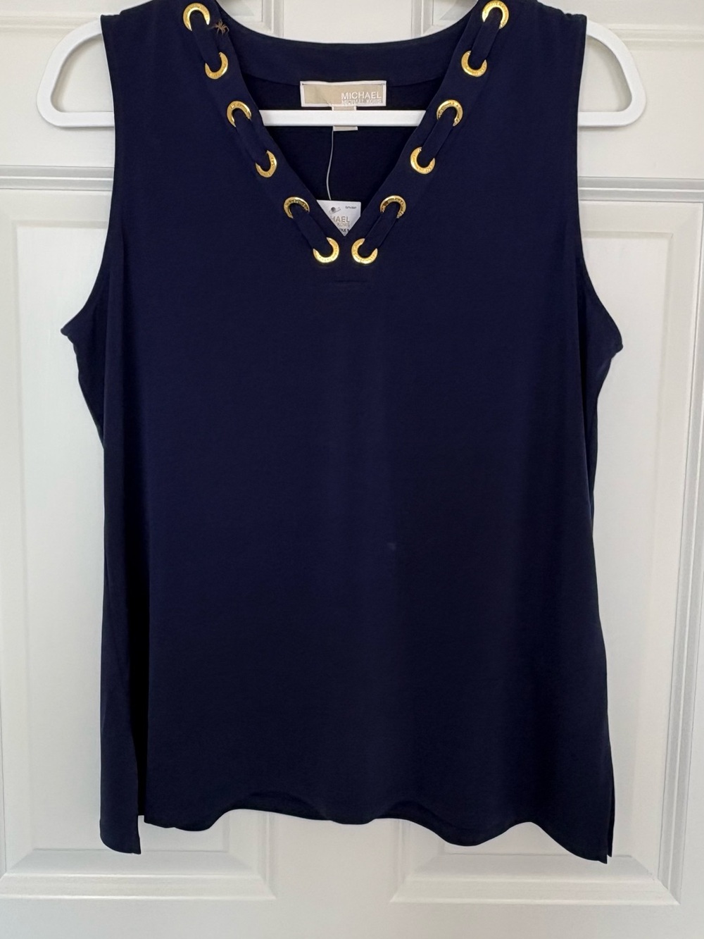 Michael Kors Navy Sleeveless Grommet-Trim V-Neck Tank